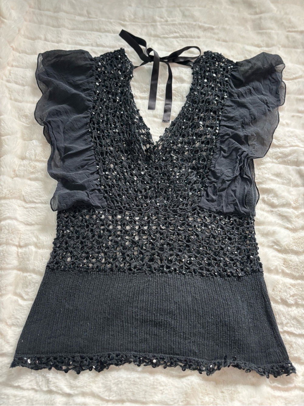 Moda International Black Knit & Chiffon V-Neck flutter sleeve Top with Sequins